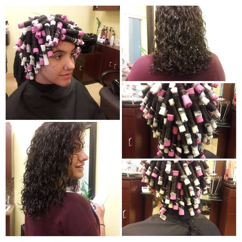 Collage of a tri-color spiral perm in progress and the finished cascading curls, by Maria